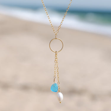 Teal Blue Sea Glass + Baroque Pearl Circle Drop Necklace